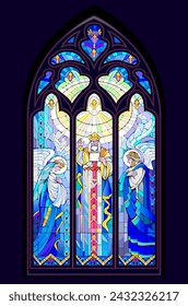 Beautiful colorful medieval stained glass window with holy Apostles and angels. Gothic architectural style. Decoration of Christian church. Middle ages architecture in Western Europe. Vector drawing.