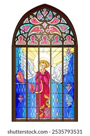 Beautiful colorful medieval stained glass window with angel. Gothic architectural style. Architecture in France churches. Middle ages in Western Europe. Vector drawing.