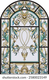 Beautiful colorful medieval stained glass window. Purcian style with pointed arch. Modern print. Middle ages in Western Europe. Vector illustration.