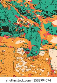 Beautiful colorful monkey illustration. fashion animal pattern for Silk scarf, decoration for cards, cover of books.