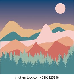 Beautiful colorful  Mountains Vector Landscape with Pine Forest in  Sunrise.