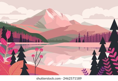 Beautiful Colorful Nature View of Lake Mountain with Pine Tree and Plant