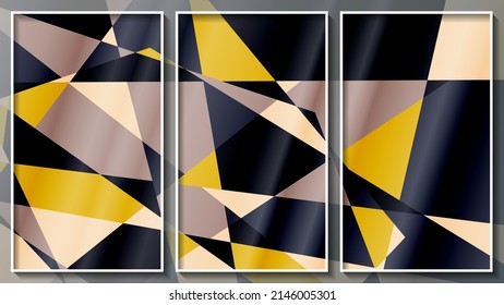 Beautiful colorful panel. Polygonal surface of geometric shapes. Three images in white thin frames. Vector.