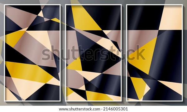 Beautiful colorful panel. Polygonal surface of geometric shapes mural design. Three images in white thin frames. Vector.