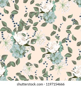 Beautiful Colorful pastel seamless pattern with roses, eucalyptus, succulent and berries on the yellow background. Watercolor drawing style. 