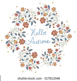 beautiful colorful pattern with flowers in a circle and the words Hello autumn on a white background