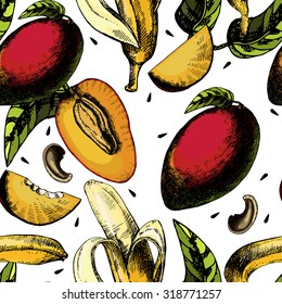Beautiful colorful pattern with leaves and juicy tropical fruit banana and pomegranate on a white background. Vector illustration
