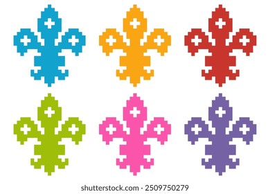 Beautiful colorful pixel Fleur de lis clipart.Classic royal embroidery vintage style.Traditional and little more modern. Flower with French origins.Vector illustration elements motif design for decor.