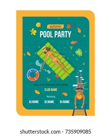 Beautiful colorful poster, flyer, banner, invitation to party near the pool. Summer invitation to event, party in club, with music and dj. Girls rests, bathes in pool. Vector illustration.