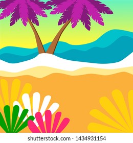 Beautiful colorful poster on blue backdrop. Summer design. Blue ocean wave. Tropical illustration. Summer sea party poster.