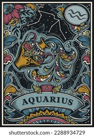 Beautiful colorful pre-made card with Aquarius zodiac sign illustration and flowers in ornate victorian style