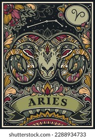Beautiful colorful pre-made card with Aries zodiac sign illustration and flowers in ornate victorian style
