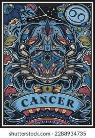 Beautiful colorful pre-made card with Cancer zodiac sign illustration and flowers in ornate victorian style