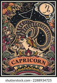 Beautiful colorful pre-made card with Capricorn zodiac sign illustration and flowers in ornate victorian style