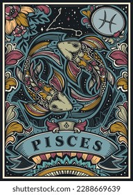 Beautiful colorful pre-made card with Pisces zodiac sign illustration and flowers in ornate victorian style