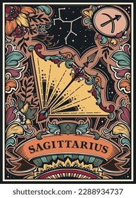 Beautiful colorful pre-made card with Sagittarius zodiac sign illustration and flowers in ornate victorian style