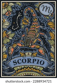 Beautiful colorful pre-made card with Scorpio zodiac sign illustration and flowers in ornate victorian style