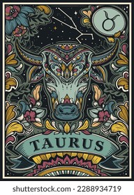 Beautiful colorful pre-made card with Taurus zodiac sign illustration and flowers in ornate victorian style