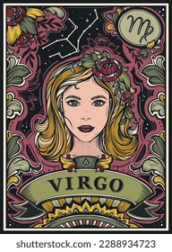 Schönschöne, farbenprächtige Karte mit Virgo Zodiac Schilder-Illustration und Blumen im siktorianischen Stil