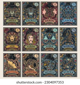 Beautiful colorful pre  made cards and zodiac signs illustrations   flowers in ornate victorian style