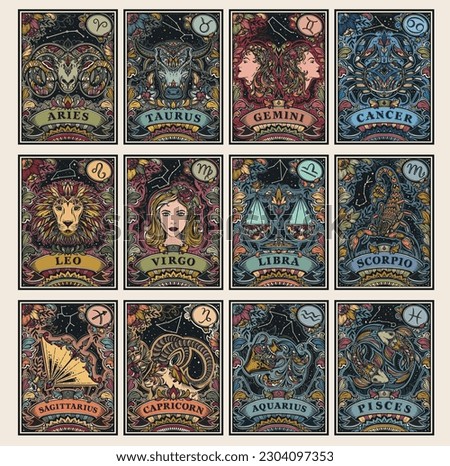 Beautiful colorful pre-made cards with zodiac signs illustrations and flowers in ornate victorian style