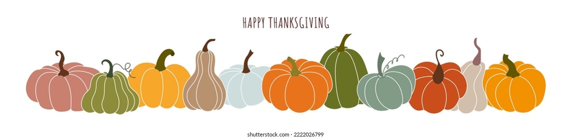 Beautiful colorful pumpkins. Horizontal border, pumpkin frame for Thanksgiving. Seasonal vector background design.