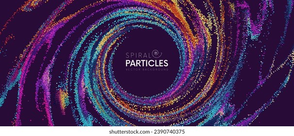 Hermosas partículas dinámicas de arcoiris coloridas fluyendo en forma de marco de banner espiral. Diseño artístico de portada de fluidos creativos de moda para pancartas, volantes, afiches. Mezclando partículas. Ilustración del vector