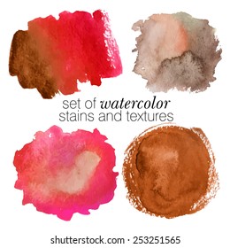 beautiful colorful red watercolor stains (with paper texture and brush) - isolated hand drawn backgrounds - vector illustration