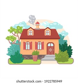 Beautiful Colorful Retro Cartoon House With Landscaping Vector Illustration.