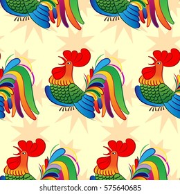 Beautiful colorful rooster. Endless pattern. Background rooster symbol 2017.