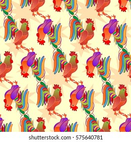 Beautiful colorful rooster. Endless pattern. Background rooster symbol 2017.