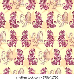 Beautiful colorful rooster. Endless pattern. Background rooster symbol 2017.