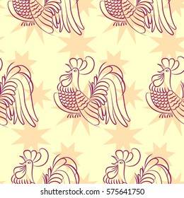 Beautiful colorful rooster. Endless pattern. Background rooster symbol 2017.
