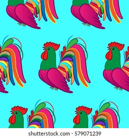 Beautiful colorful rooster. Endless pattern. Background rooster symbol 2017.