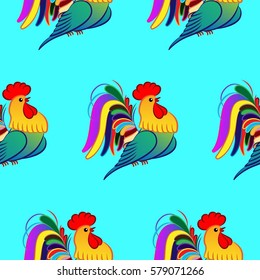 Beautiful colorful rooster. Endless pattern. Background rooster symbol 2017.