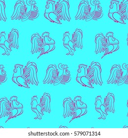 Beautiful colorful rooster. Endless pattern. Background rooster symbol 2017.