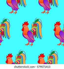 Beautiful colorful rooster. Endless pattern. Background rooster symbol 2017.