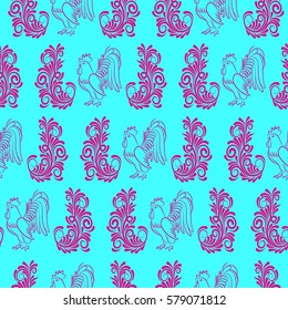 Beautiful colorful rooster. Endless pattern. Background rooster symbol 2017.