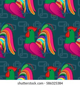 Beautiful colorful rooster. Endless pattern. Background rooster symbol 2017.