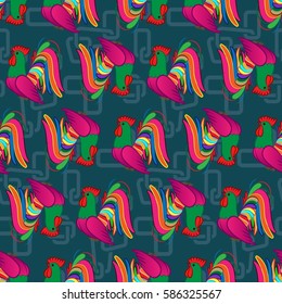 Beautiful colorful rooster. Endless pattern. Background rooster symbol 2017.