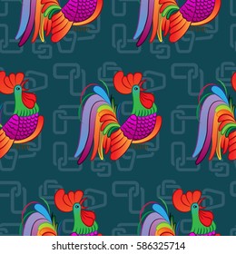 Beautiful colorful rooster. Endless pattern. Background rooster symbol 2017.