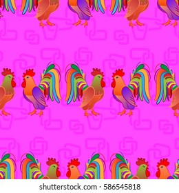 Beautiful colorful rooster. Endless pattern. Background rooster symbol 2017.