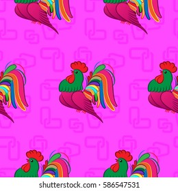 Beautiful colorful rooster. Endless pattern. Background rooster symbol 2017.