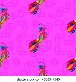 Beautiful colorful rooster. Endless pattern. Background rooster symbol 2017.