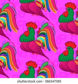 Beautiful colorful rooster. Endless pattern. Background rooster symbol 2017.