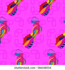 Beautiful colorful rooster. Endless pattern. Background rooster symbol 2017.