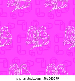 Beautiful colorful rooster. Endless pattern. Background rooster symbol 2017.