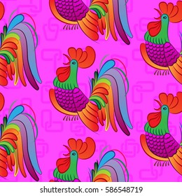 Beautiful colorful rooster. Endless pattern. Background rooster symbol 2017.
