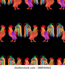 Beautiful colorful rooster. Endless pattern. Background rooster symbol 2017.