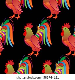 Beautiful colorful rooster. Endless pattern. Background rooster symbol 2017.